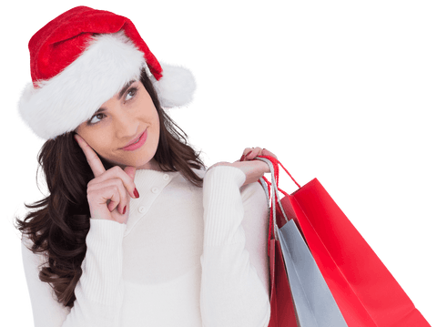 Woman Wearing Santa Hat with Shopping Bags Transparent Background