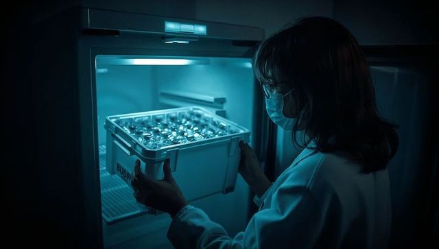 Removing frozen vial crate from medical freezer under cool blue illumination