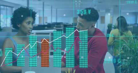 Business Colleagues Analyzing Data with Graphical Overlay in Modern Office