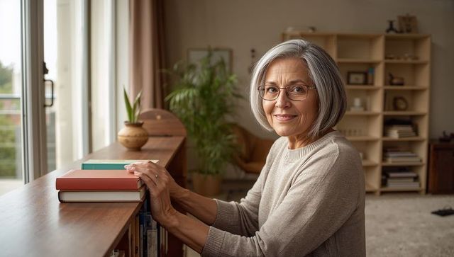 Senior woman arranging books on shelf in sunlit living room for calm home lifestyle