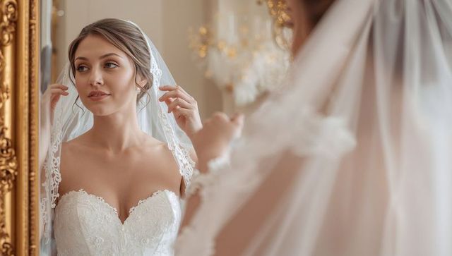 Bride adjusting lace-edged veil at ornate gold mirror in elegant bridal gown
