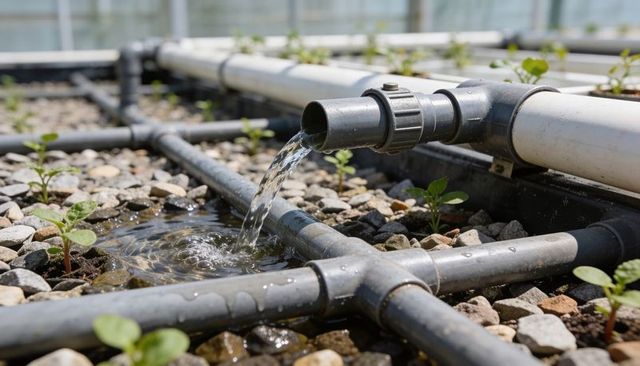Greenhouse irrigation pouring water into gravel bed with pvc piping grid and seedlings