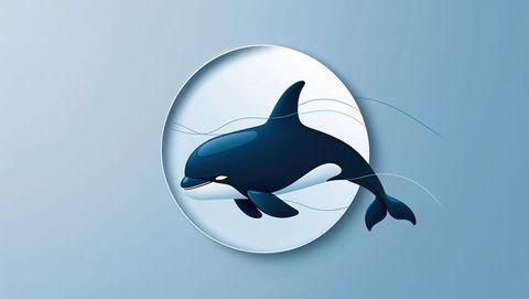 Minimalist orca illustration with circular cutout on blue background