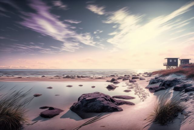 Tranquil beach scene during sunset with rocky shore. Beach cabin stands on sand dunes. Ideal for travel blogs, coastal living advertisements, relaxation and mindfulness content.