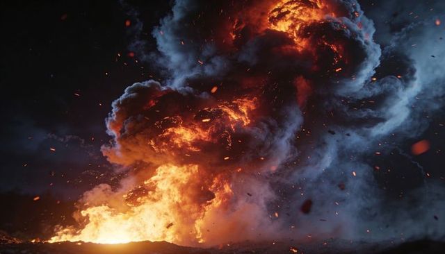 Roaring ground fire plume sending towering flames and glowing embers into night sky
