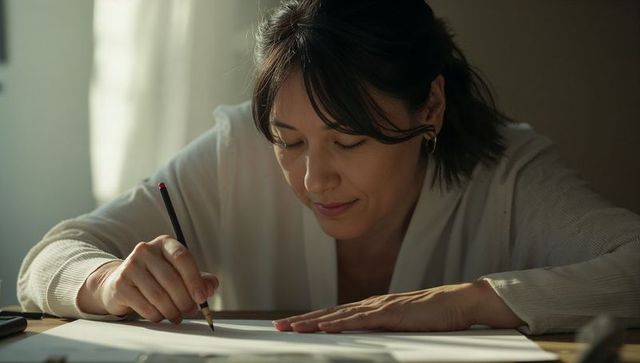 Woman sketching at wooden desk near window, holding pencil and focusing in natural light