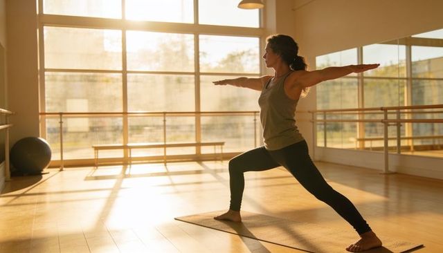 Woman practicing warrior ii pose in sunlit yoga studio holding strong balance and focus