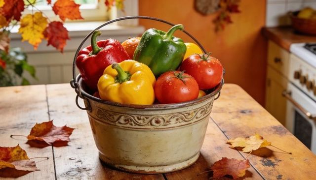Rustic metal pail filled with colorful bell peppers and tomatoes on autumn wooden table