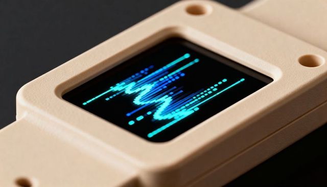 Beige electronics enclosure displaying cyan waveform on recessed oled screen for testing