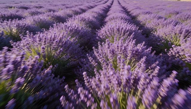 Lavender rows stretching toward horizon at golden hour, leading lines and purple blooms