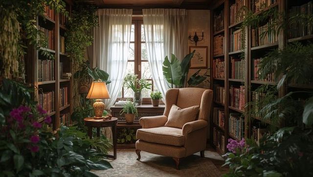 Cozy reading nook with wingback armchair, lamp and lush houseplants in traditional library