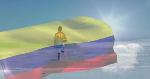 Man Walking on Sunny Beach over Colombian Flag Background