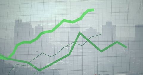 Rising green financial trend lines overlaying hazy urban skyline grid data visualization