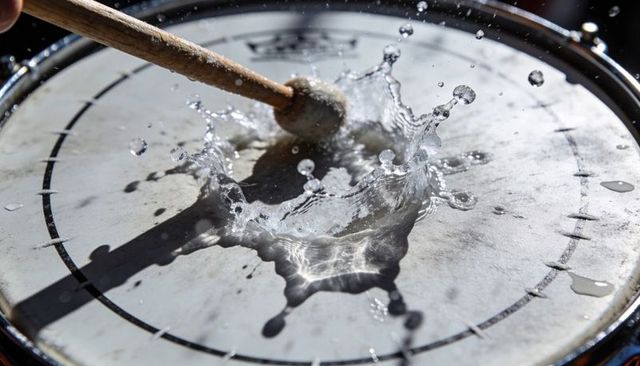 Closeup mallet striking wet drumhead creating crown water splash and dynamic shadow