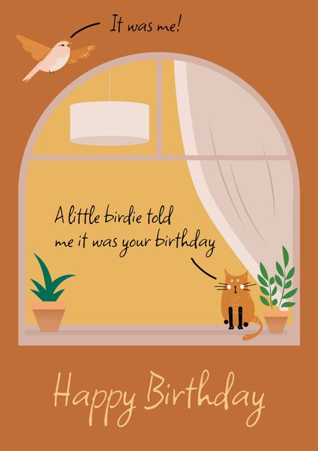 Illustration of a playful cat and bird with birthday text is ideal for humorous and fun birthday cards. Use it for creating custom greeting cards, social media posts, or birthday party invitations for animal lovers and children.