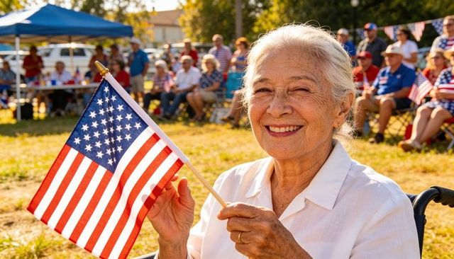 Senior woman smiling while waving american flag at community fourth of july gathering