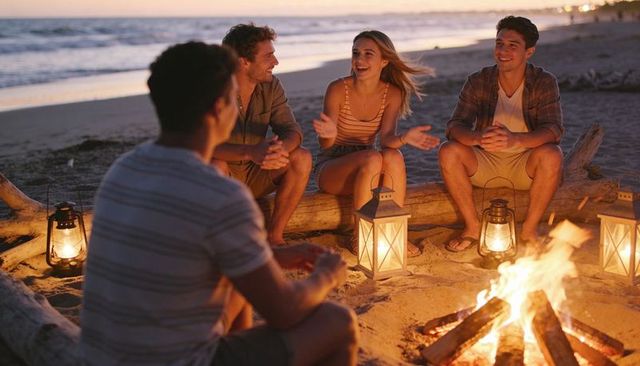 Young friends smiling gathering around beach bonfire at sunset with lanterns and driftwood