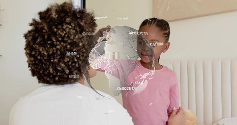 Young girl pointing at holographic globe while sibling watching and holding plush toy