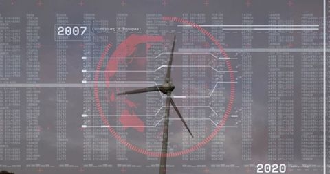 Wind Turbine Silhouette Projecting Red Globe Data Overlay Trend Renewable Energy 2007-2020