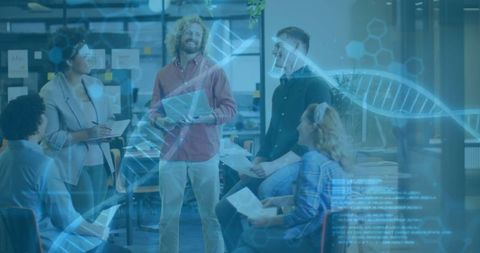 Diverse team collaboration with futuristic dna overlay in modern office