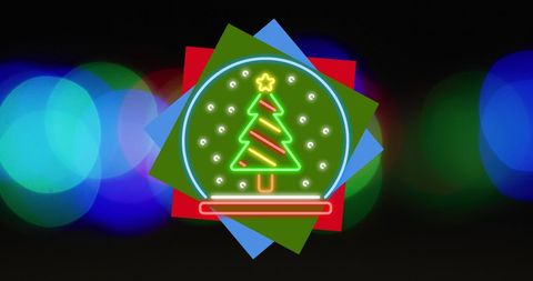 Vibrant Neon Christmas Tree with Festive Background Lights