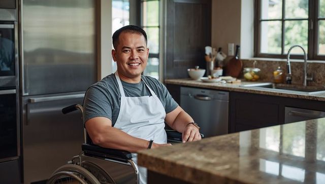 Smiling Asian Man in Wheelchair Enjoying Modern Kitchen