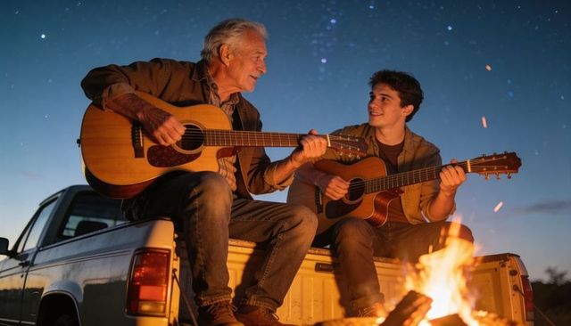 Older man and young man playing guitars on truck tailgate by campfire under starry sky