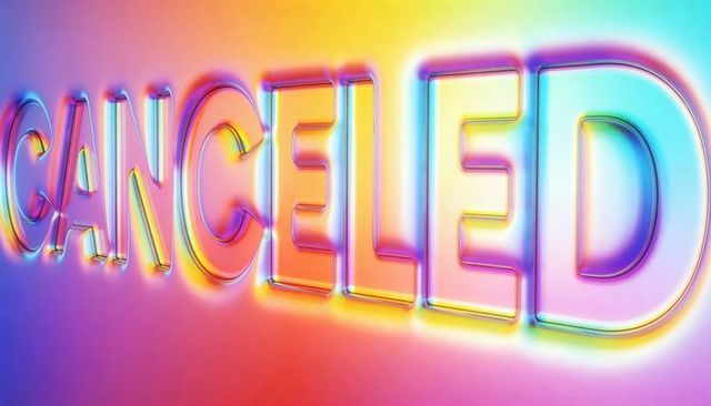 Iridescent 3d cancelled text with neon rim lighting and glass translucent typography