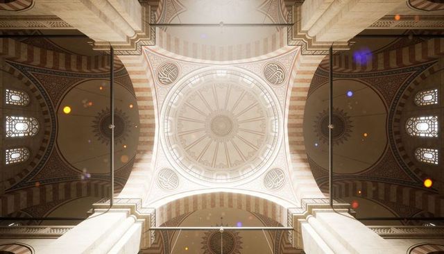 Sunlit ottoman style mosque dome featuring ornate cupola, calligraphic medallions, symmetry