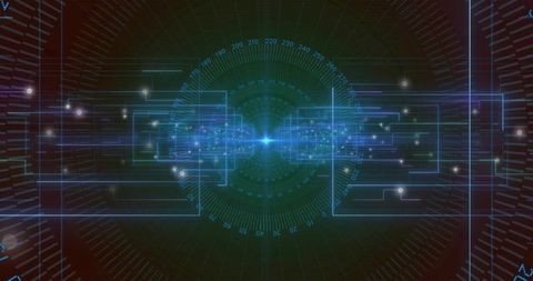 Pulsing Holographic Data Hub Emitting Neon Traces and Concentric HUD Gauge, Digital Interface