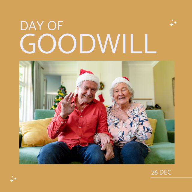 Composition of day of goodwill text over senior caucasian couple in santa hats at christmas. Day of goodwill, goodness and christmas concept.