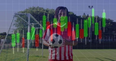 Soccer Player Holding Ball in Front of Goal with Financial Candlestick Chart Overlay