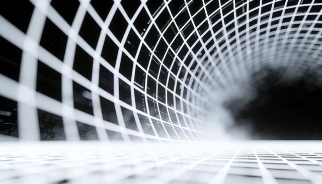 Curving wireframe vortex forming futuristic digital grid tunnel with mist and particles
