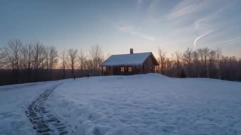 Camera dolly moving toward wooden cabin on snowy hill with glowing windows at dusk