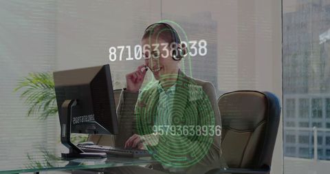 Businesswoman Engaging with Digital Security Interface at Modern Office