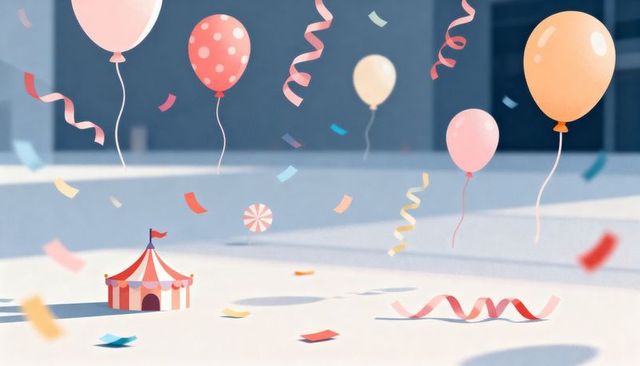 Miniature circus tent sitting on sunlit plaza with floating balloons and pastel confetti
