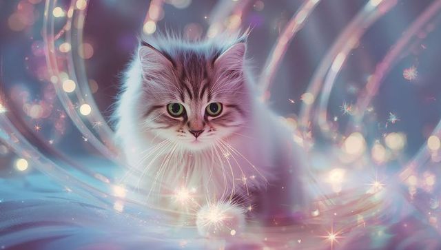 Enchanting silver gray cat surrounded by magic light trails