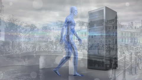 Digital Interface Concept with Skeleton and Cityscape Overlay