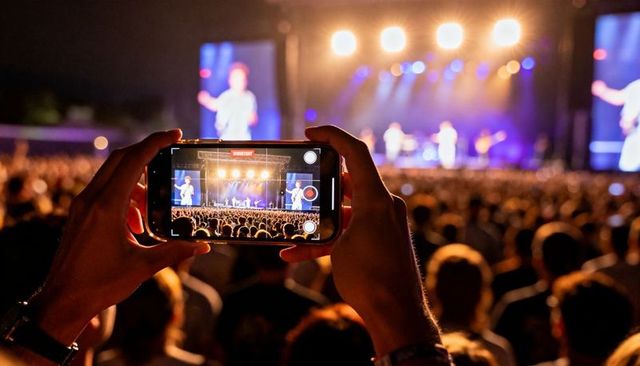 Fan recording live concert on smartphone with stage lights and crowd bokeh