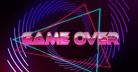 Neon GAME OVER Retro Futuristic Synthwave Typography with Glowing Cyan Magenta Triangles