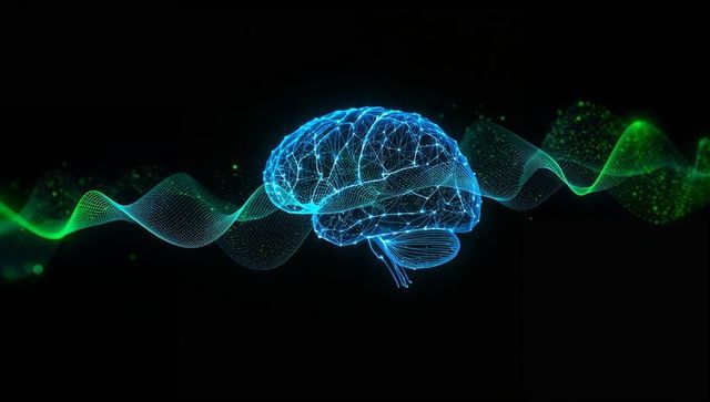 3d wireframe brain with flowing green waveforms on black