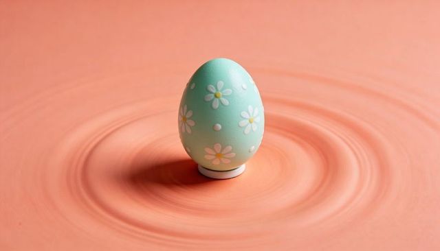 Pastel mint easter egg sitting on peach grooved surface with white daisy pattern