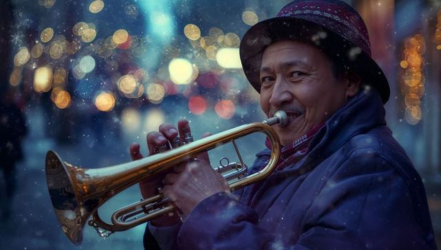 Senior street musician playing trumpet in festive snowy cityscape