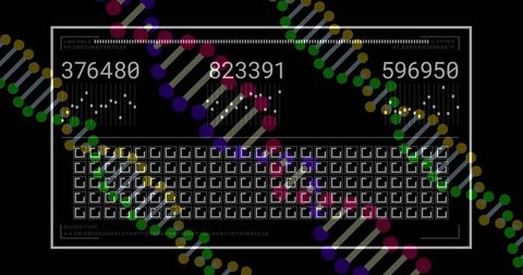Futuristic dashboard displaying numeric counters, dna helix overlay and grid interface
