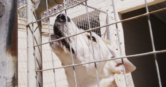 Dog in a shelter kennel looking up, illustrating need for adoption and care. Ideal for topics on animal rescue, pet adoption campaigns, animal welfare initiatives, and the importance of finding homes for shelter animals.