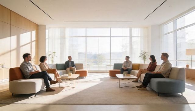 Modern office lounge team discussing ideas over coffee in minimalist daylight workspace