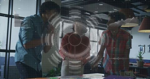 Team Collaborating Around Table with Futuristic HUD Overlay for Tech Presentations