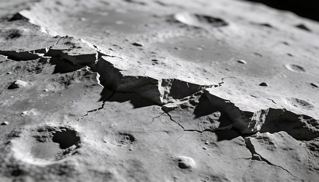 Lunar surface showing jagged fissure and cratered regolith casting dramatic shadows
