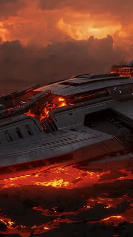 Cinematic vertical video panning over crashed spaceship hull on molten volcanic plain