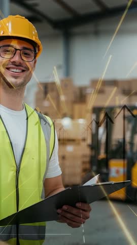 Vertical warehouse inspection video showing inspector using augmented data overlays for inventory